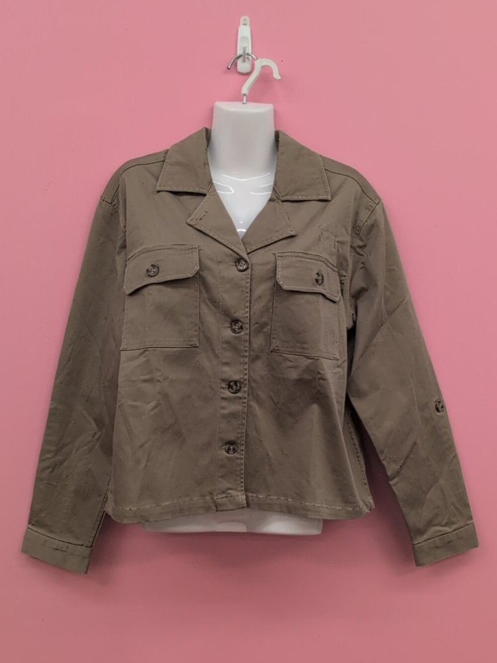 Thread & Supply Cropped Button Down Shirt Jacket Shacket Women's Large Khaki NWT